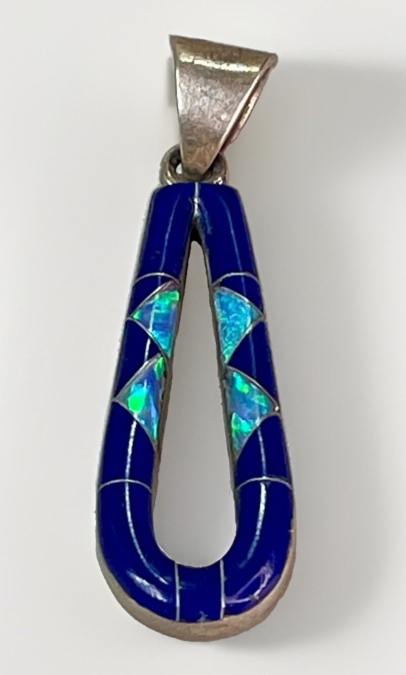 VTG Navajo Sterling Silver Lapis Opal Mosaic Inlay Handmade Pendant Signed P.J.